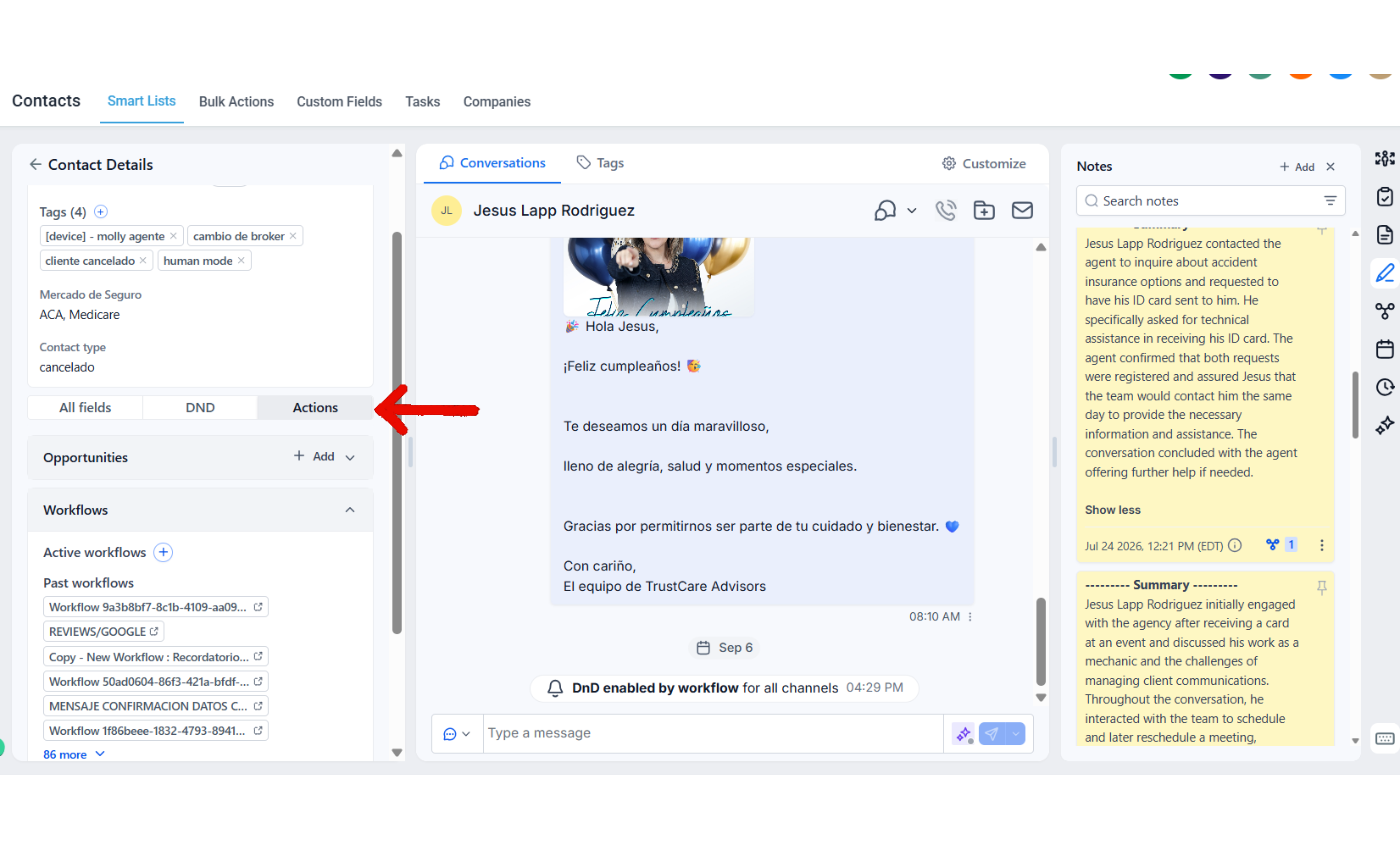 Pestaña Actions del contacto