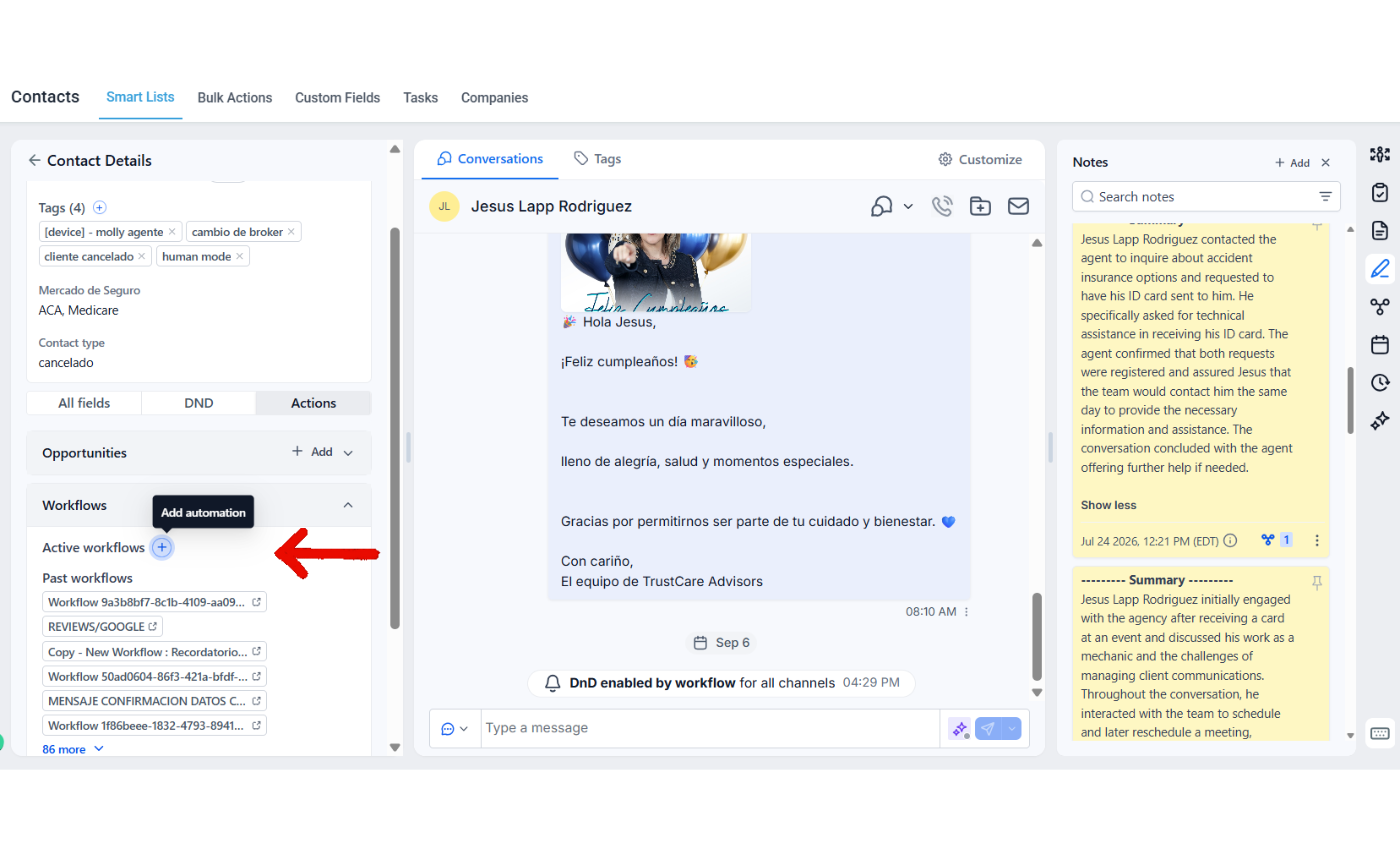 Sección Workflows con el botón Add automation